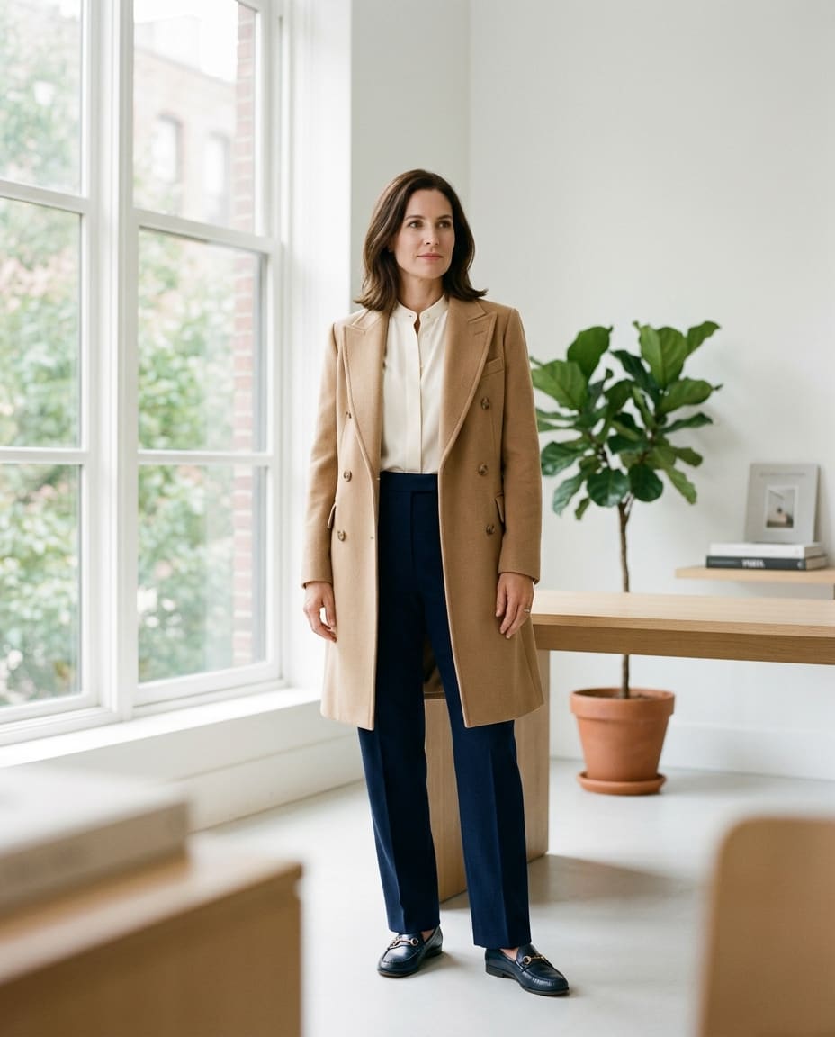 A professional in a camel wool coat, ivory blouse, and navy trousers in a bright office