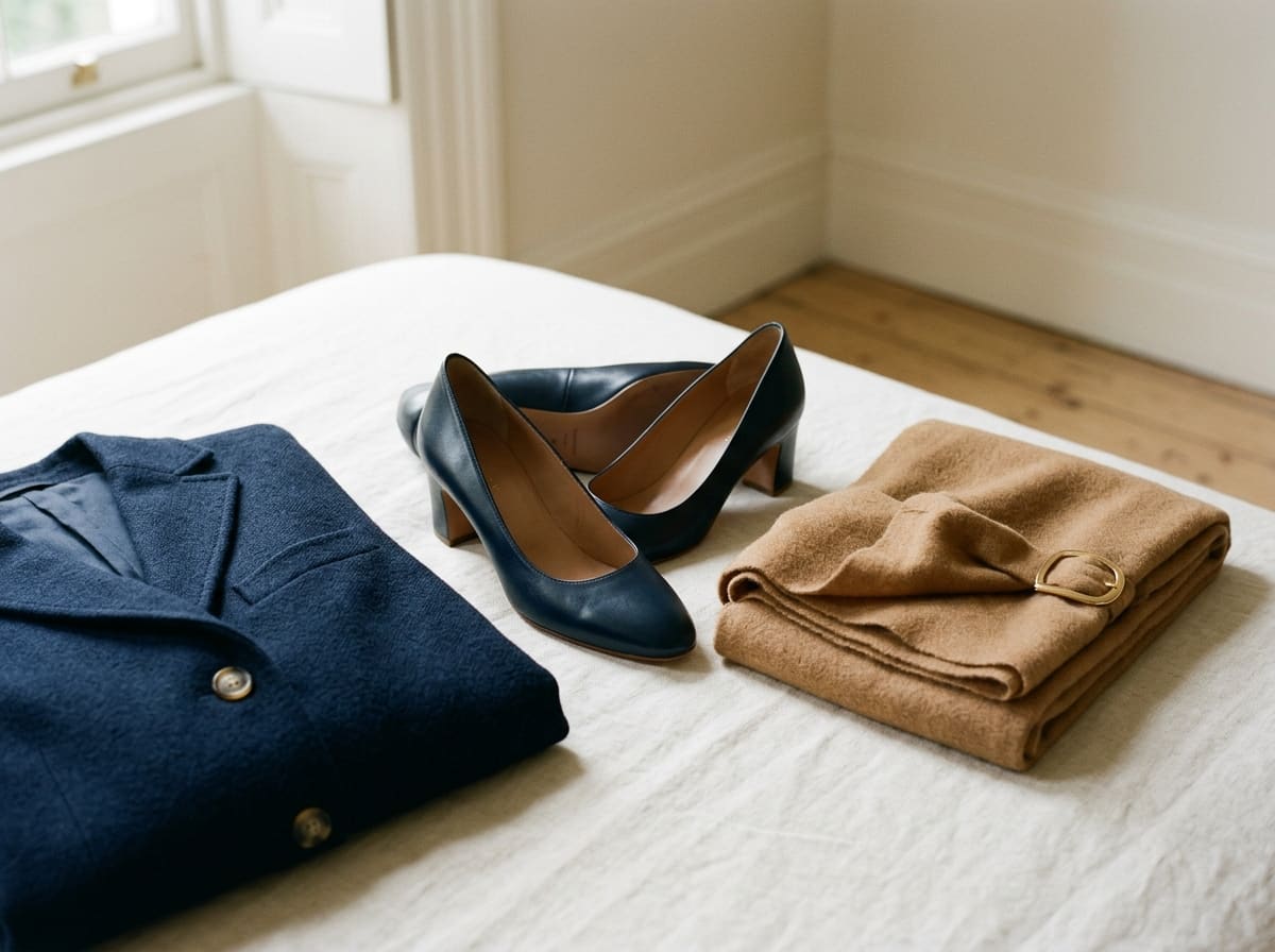 A navy blazer, polished navy pumps, and a camel scarf on ivory linen